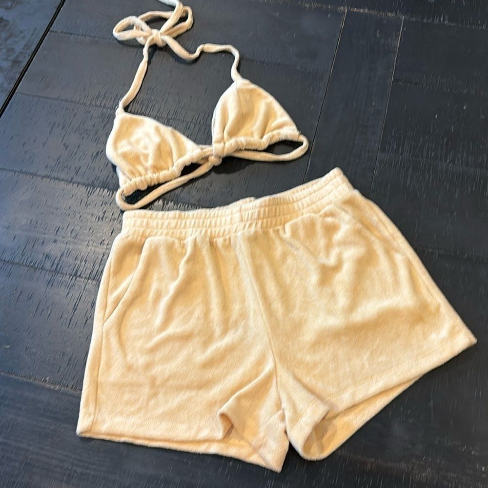Hey Babe Terry Cloth Bikini Top & Short Set Medium Beach​​​​​​​​​​​​​​​​​